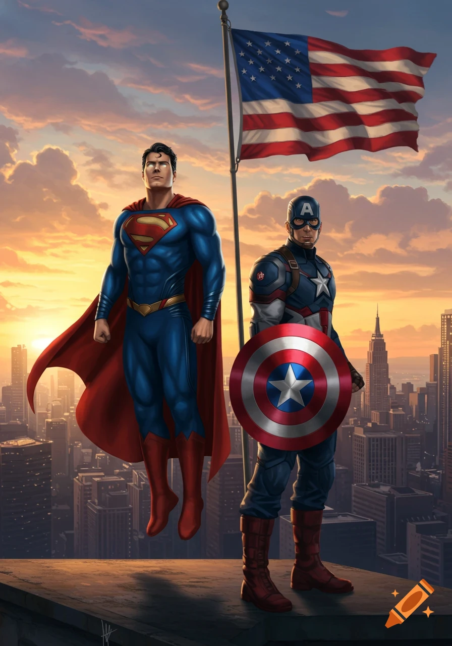Superman floats beside Captain America on a rooftop, American flag waving in the sunset over a city skyline.