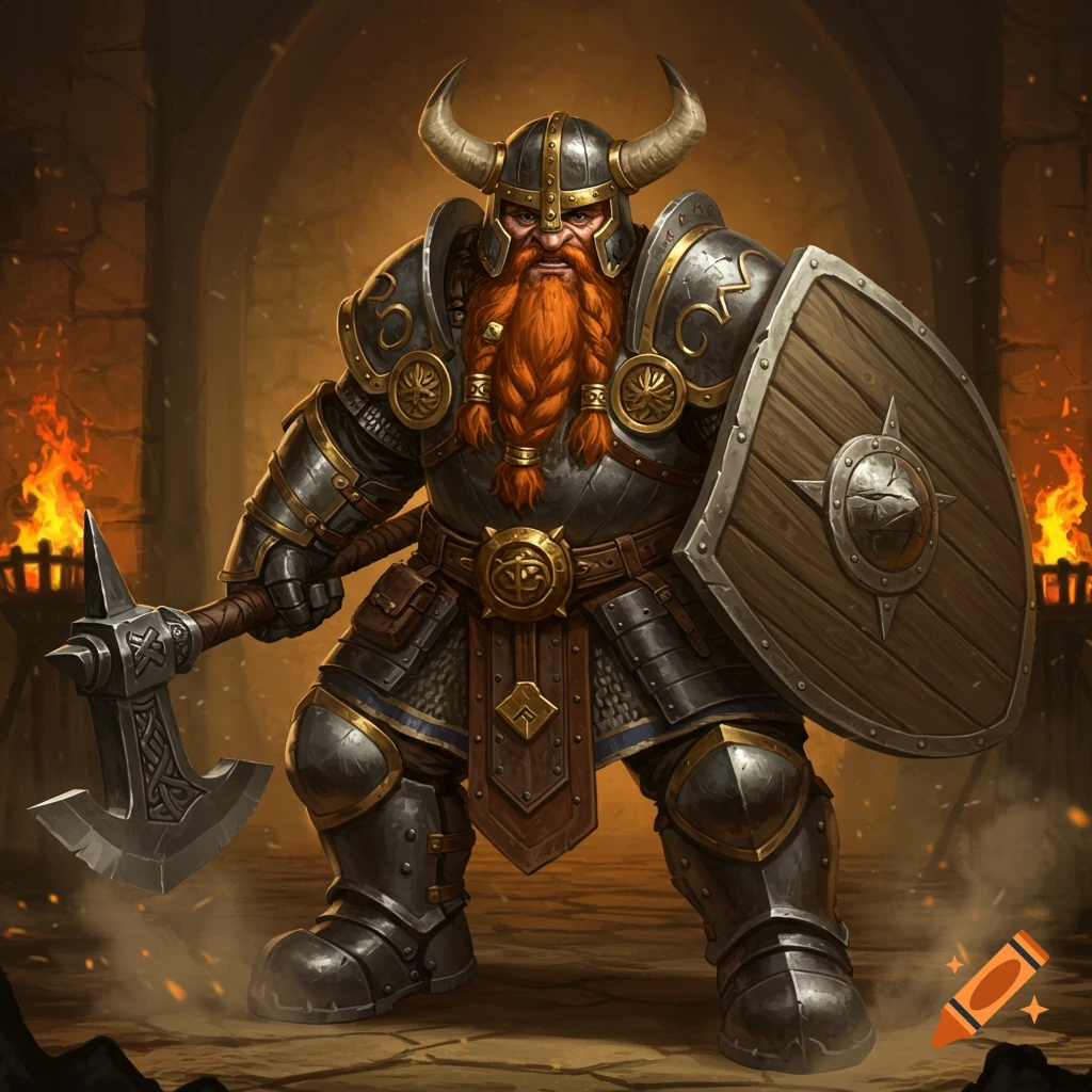 A formidable dwarf warrior in full armor, with a braided red beard and horned helmet, holds an axe and shield in a torchlit dungeon.