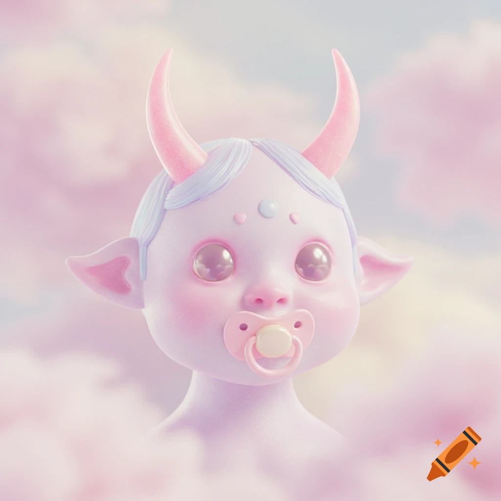 A soft pastel pink and purple 3D rendered baby oni creature with pink glittery horns and a pacifier, against a cloudy background.