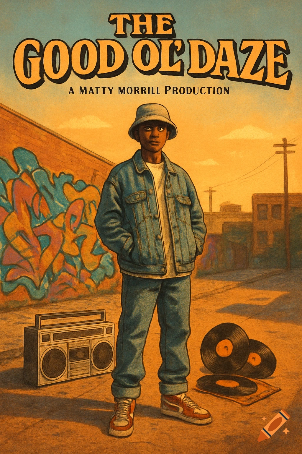 Illustration of a young man in a bucket hat and denim, standing in an urban setting with a boombox, records, and graffiti, promoting 'The Good Ol' Daze'.