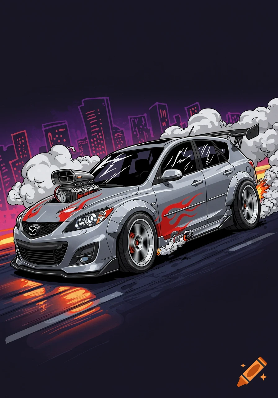 A silver 2012 MazdaSpeed 3 in a cartoon style, featuring red flames, a large engine supercharger, and smoke coming from the exhaust pipes, on a dark road with a purple city skyline in the background.