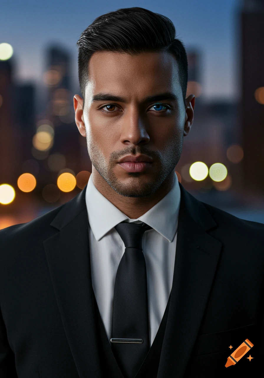 A handsome man in a black suit with one brown eye and one blue eye, against a blurry city lights background.