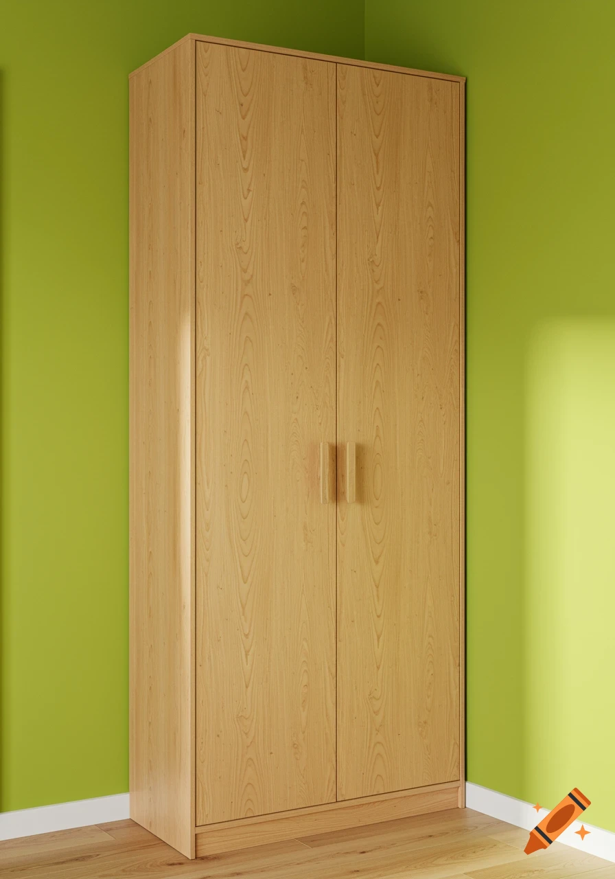 A photorealistic image of a light wood wardrobe with two doors and vertical handles in a lime green room.