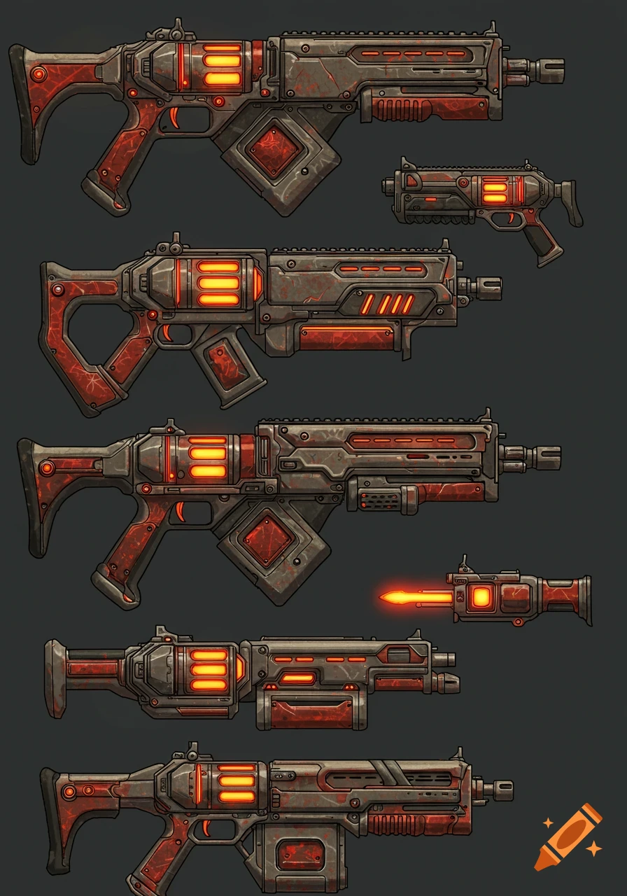 Multiple stylized futuristic weapons with dark metallic bodies and glowing orange accents, depicted as game sprites.