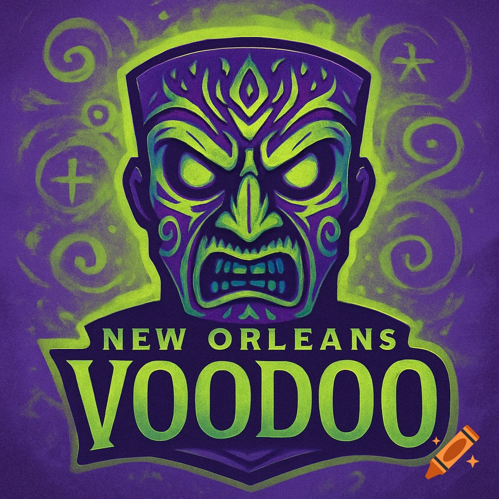 A vibrant purple and lime green logo featuring a stylized, angry voodoo mask above the words 'NEW ORLEANS VOODOO'.