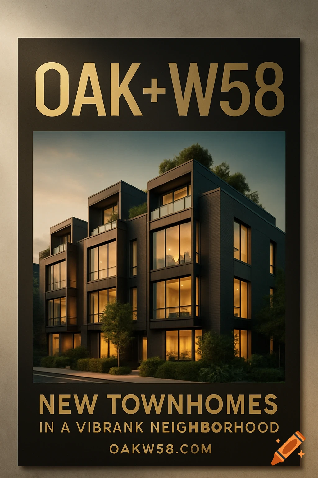 A photorealistic real estate poster for OAK+W58, featuring modern black townhouses with illuminated windows at dusk.