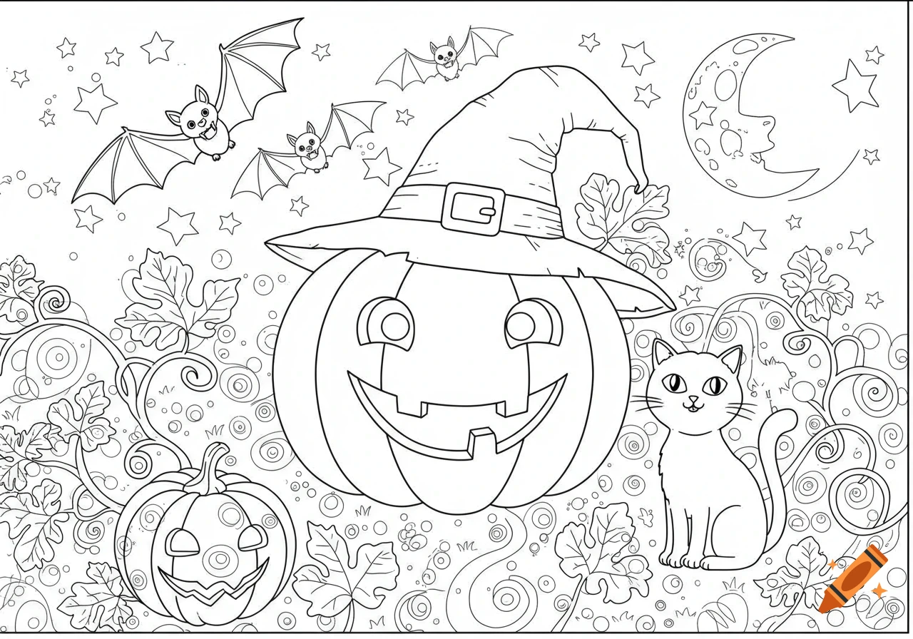 A Halloween coloring page featuring a pumpkin wearing a witch hat, a cat, bats, and a crescent moon amidst stars.