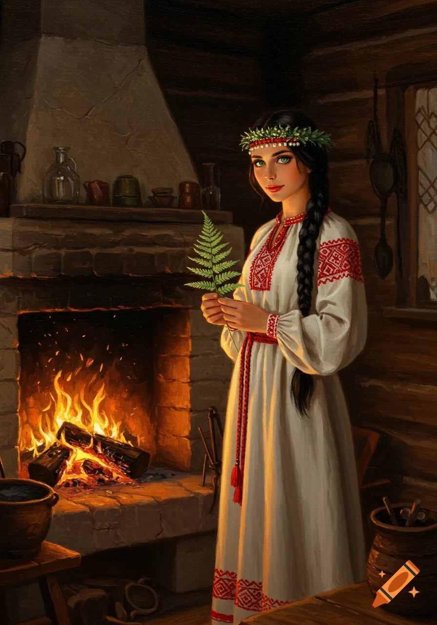A painting of a Slavic maiden in a white embroidered dress and floral wreath, holding a fern leaf by a warm hearth.