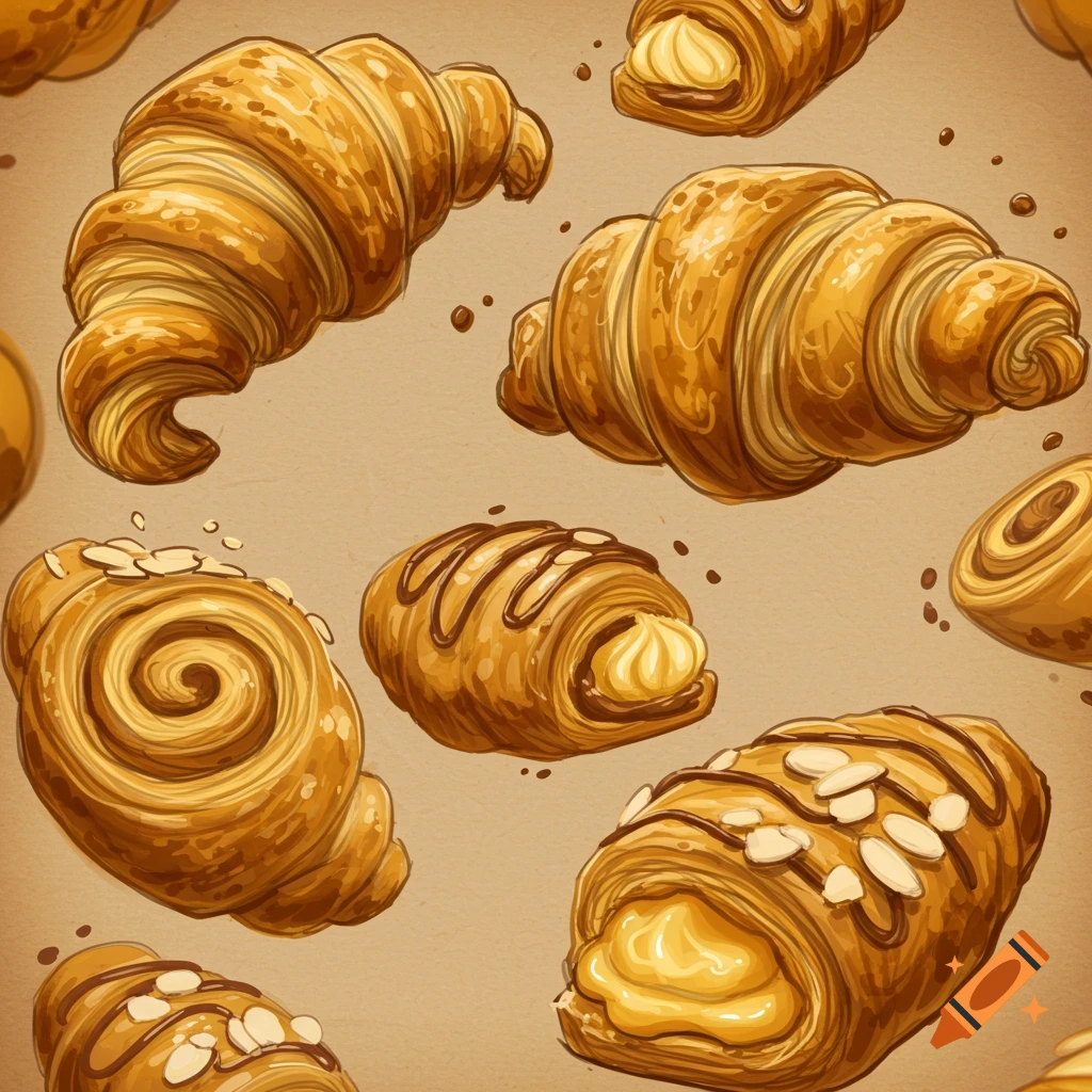 A pattern of golden brown croissants and pastries, some with creamy fillings, chocolate drizzle, or almond slivers, in a stylized illustration.