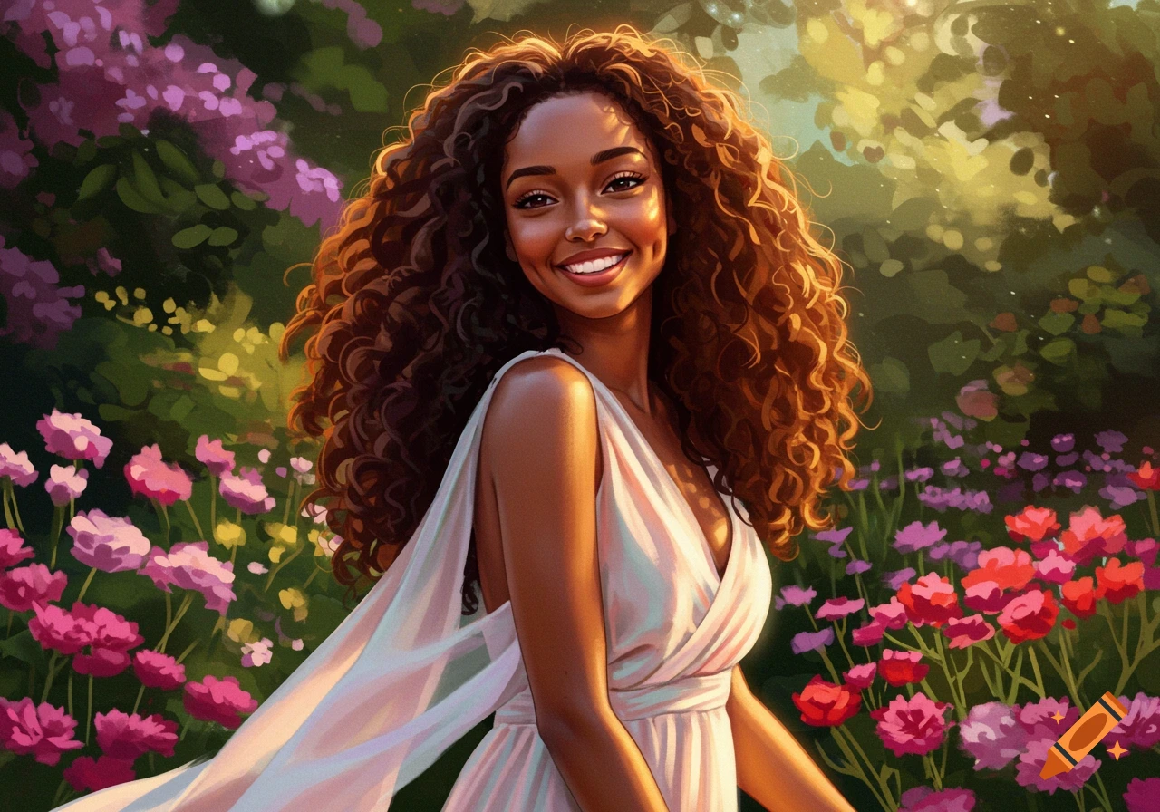 A smiling woman with long brown curly hair and dimples, wearing a light dress, stands in a vibrant flower garden.