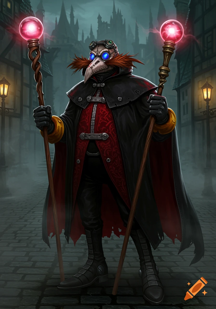 Dr. Eggman as a plague doctor holds two glowing staffs on a dark, foggy street with gothic buildings.