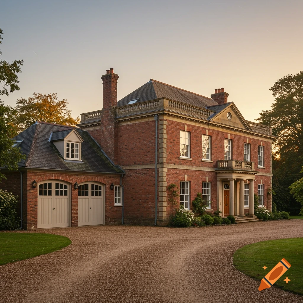 A large, red brick Neo-Georgian house with a gravel driveway, green lawn, and trees under a golden hour sky.