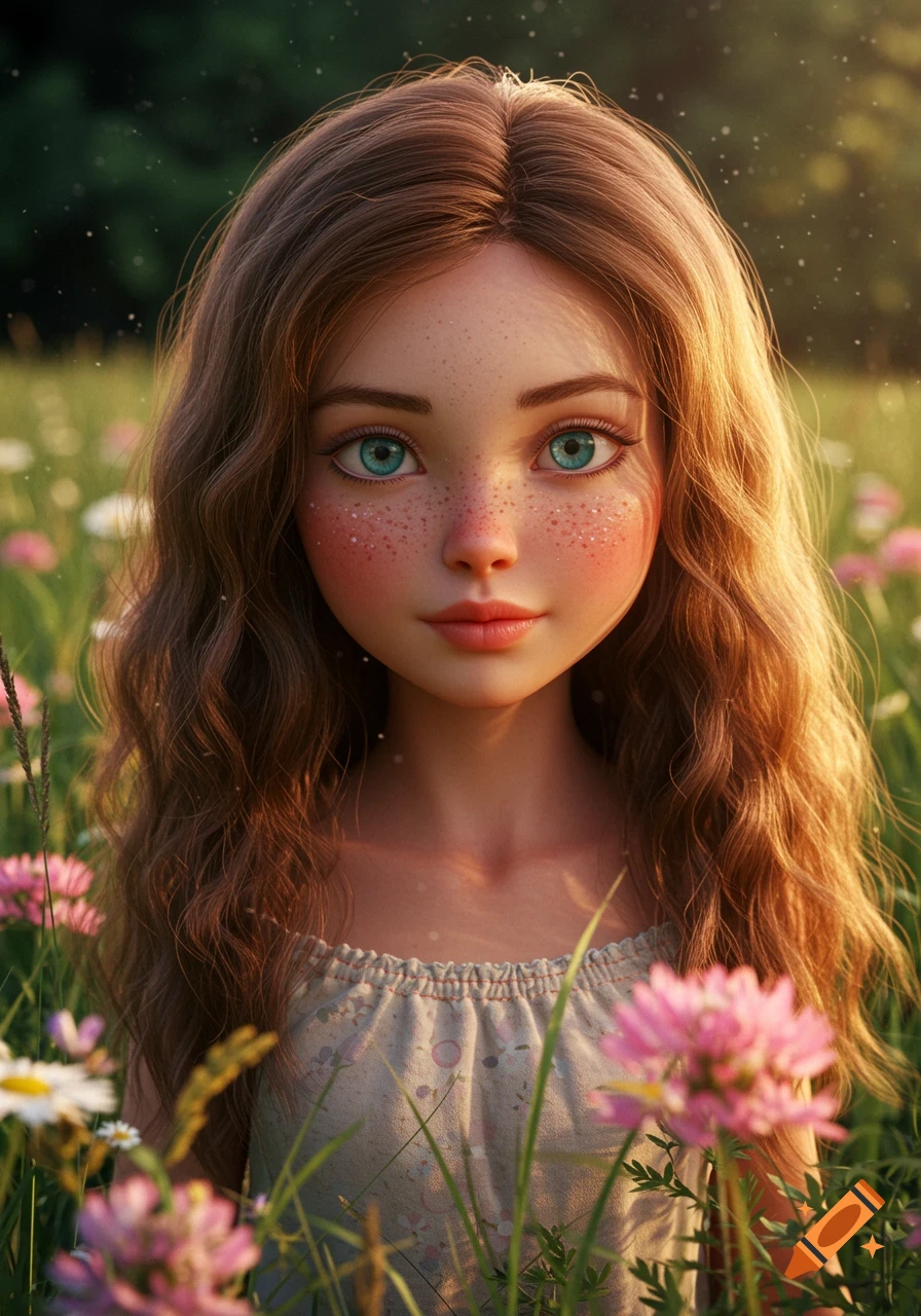 A close-up portrait of a stylized young girl with long brown wavy hair, blue eyes, and freckles, standing in a sunny field of wildflowers.