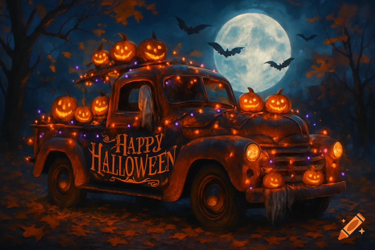 A vintage truck decorated with glowing jack-o'-lanterns and string lights, with 'Happy Halloween' written on its side. Bats fly under a full moon in a spooky, autumnal night setting.