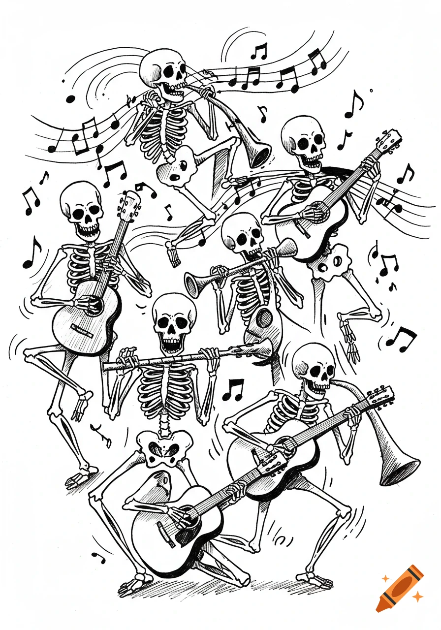 Black and white sketch of multiple skeletons playing various musical instruments, surrounded by musical notes.