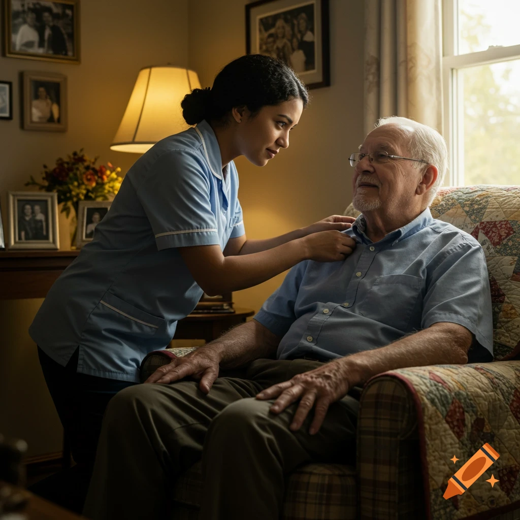 A female caregiver adjusts the collar of an elderly man sitting in a chair within a warm, domestic setting.