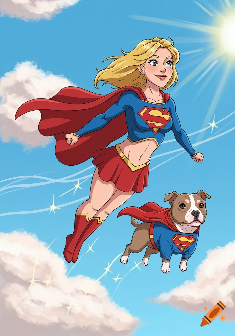 Cartoon Supergirl and a pit bull dressed as Superman fly through a blue sky with clouds.
