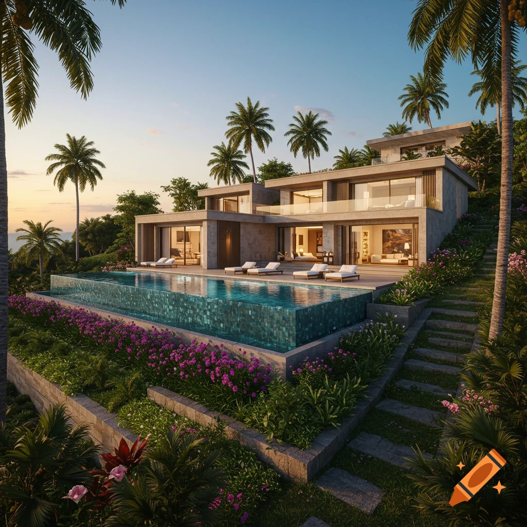 A luxurious modern villa with an infinity pool overlooking a tropical landscape with palm trees and blooming flowers at sunset.