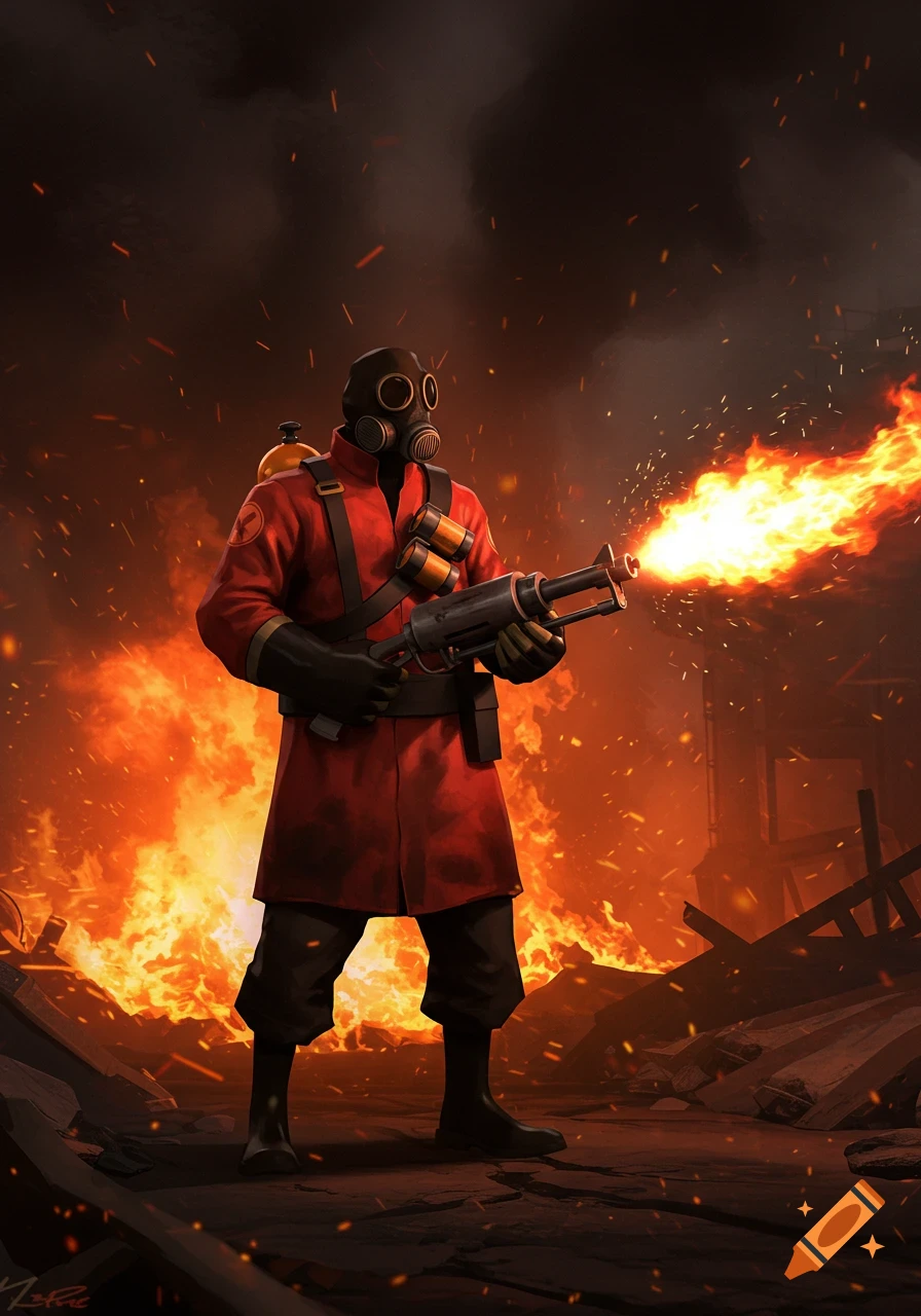A stylized illustration of the Team Fortress 2 Pyro character in a gas mask, wielding a flamethrower in a fiery, war-torn landscape.