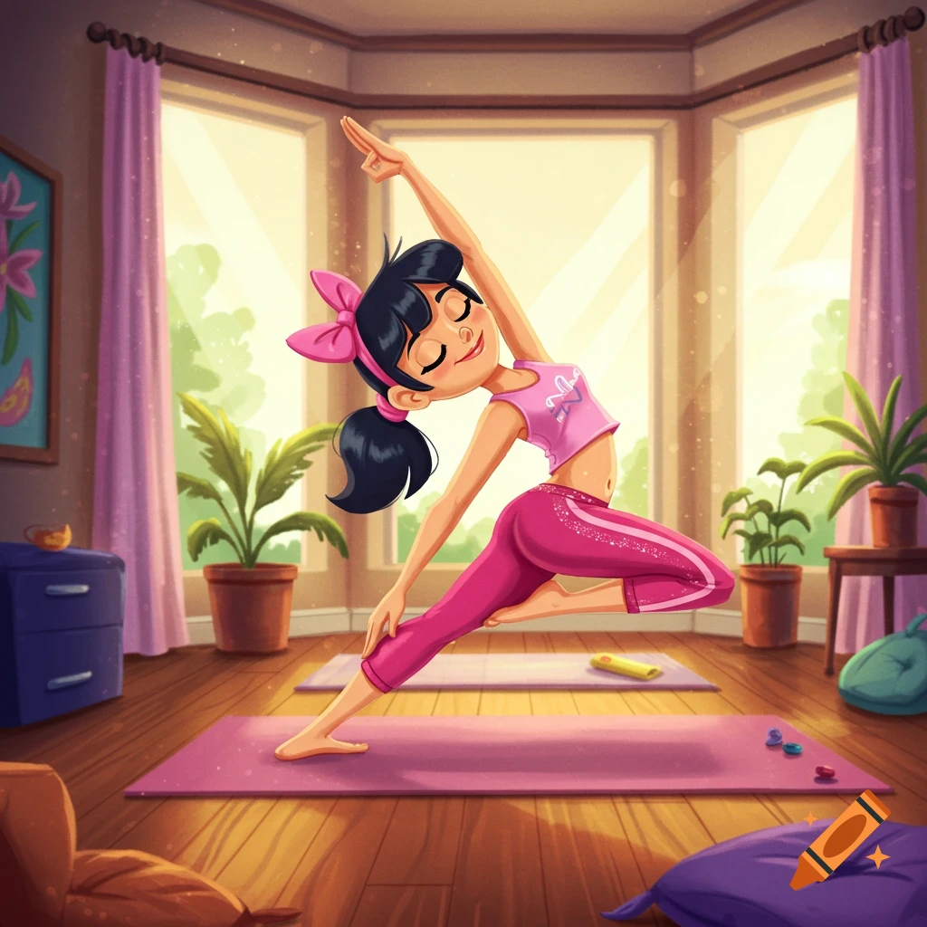 A cheerful cartoon girl in a pink yoga outfit performs a pose with her eyes closed in a bright yoga room filled with plants and sunlight.