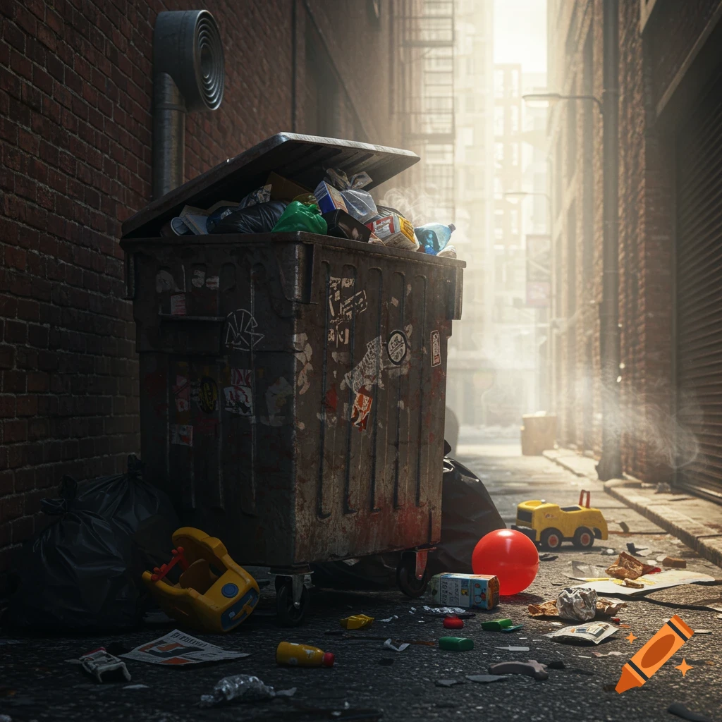 A dirty, overflowing dumpster sits in a sunlit urban alley filled with trash bags and scattered debris on the ground, with brick walls.