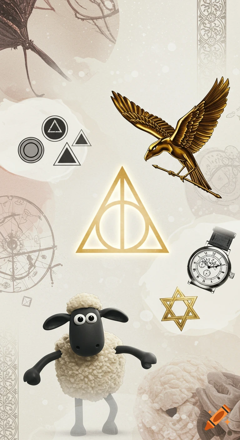 A phone background with various pop culture symbols including the Deathly Hallows, a golden mockingjay, Squid Game shapes, a watch, a golden Star of David, and Shaun the Sheep on a light background.