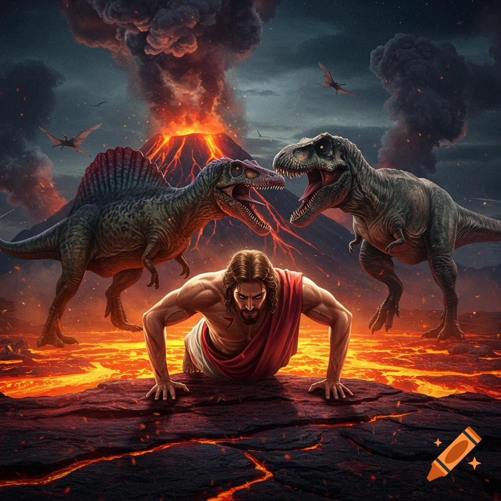 Jesus doing push-ups on volcanic rock amidst lava, with a Spinosaurus and T-Rex fighting in the background under erupting volcanoes.