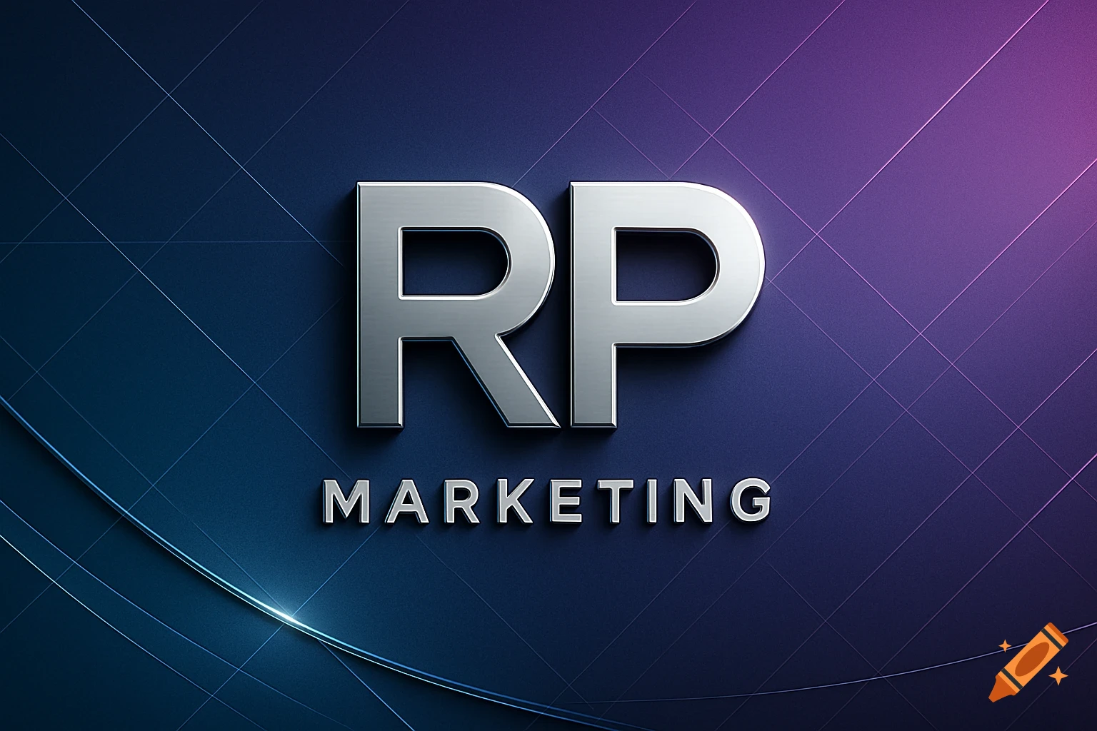 Silver 3D text 'RP Marketing' on a dark blue and purple gradient background with grid lines and light streaks.