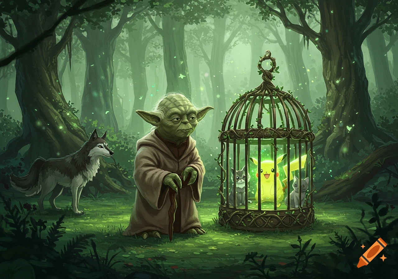 Yoda stands with a wolf in a magical forest, looking at a cage holding Pikachu and two small creatures.