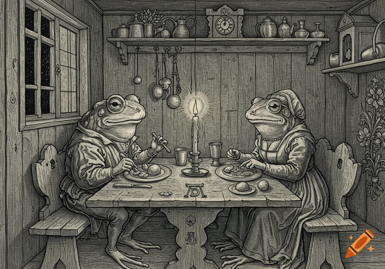 A black and white woodcut style illustration shows two anthropomorphic frogs, dressed in period clothing, eating dinner at a wooden table lit by a candle. Moonlight streams through a window.
