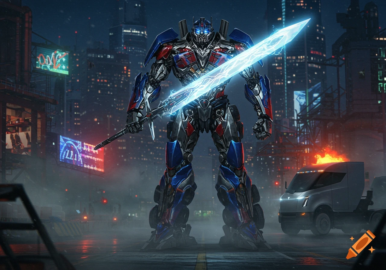 A red and blue Optimus Prime-like robot stands in a futuristic city at night, holding a glowing blue energy sword, with a Tesla semi-truck in the background.