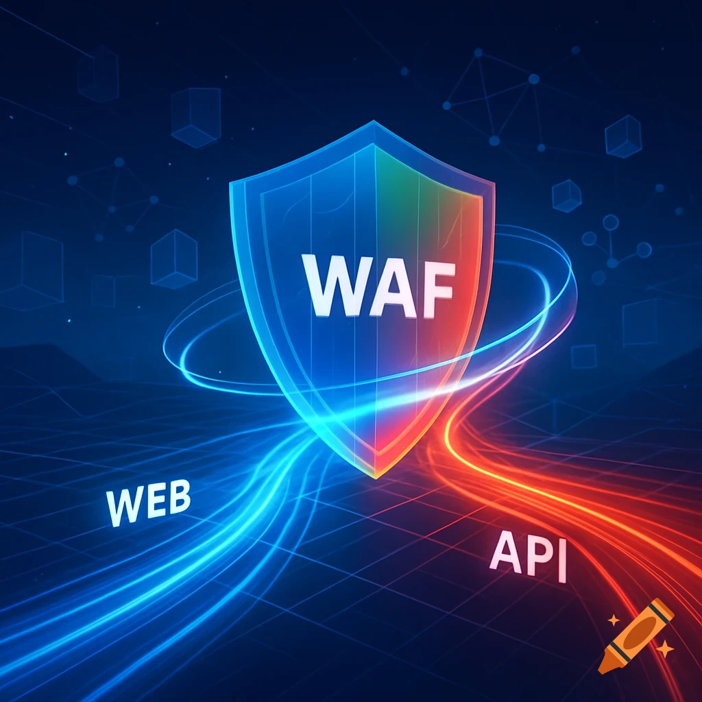 A glowing digital shield with 'WAF' in the center, flanked by bright blue and red data streams leading to 'WEB' and 'API' respectively.