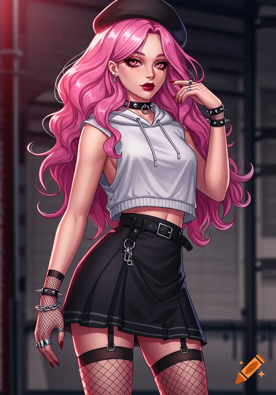 Pink-haired anime girl with a beret, cropped hoodie, black skirt, and fishnet stockings.
