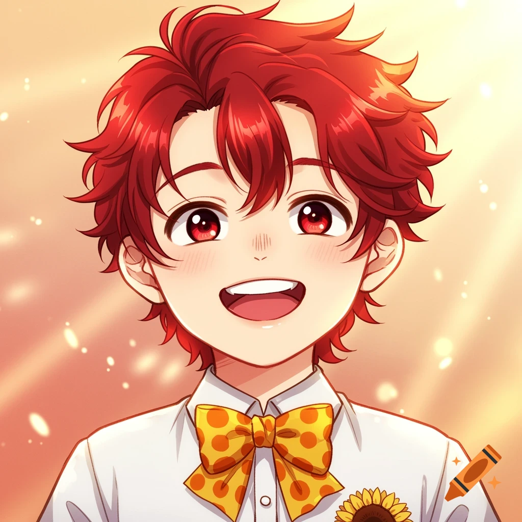 A smiling anime boy with red hair and red eyes wearing a yellow polka dot bow tie and a white shirt with a sunflower pin.