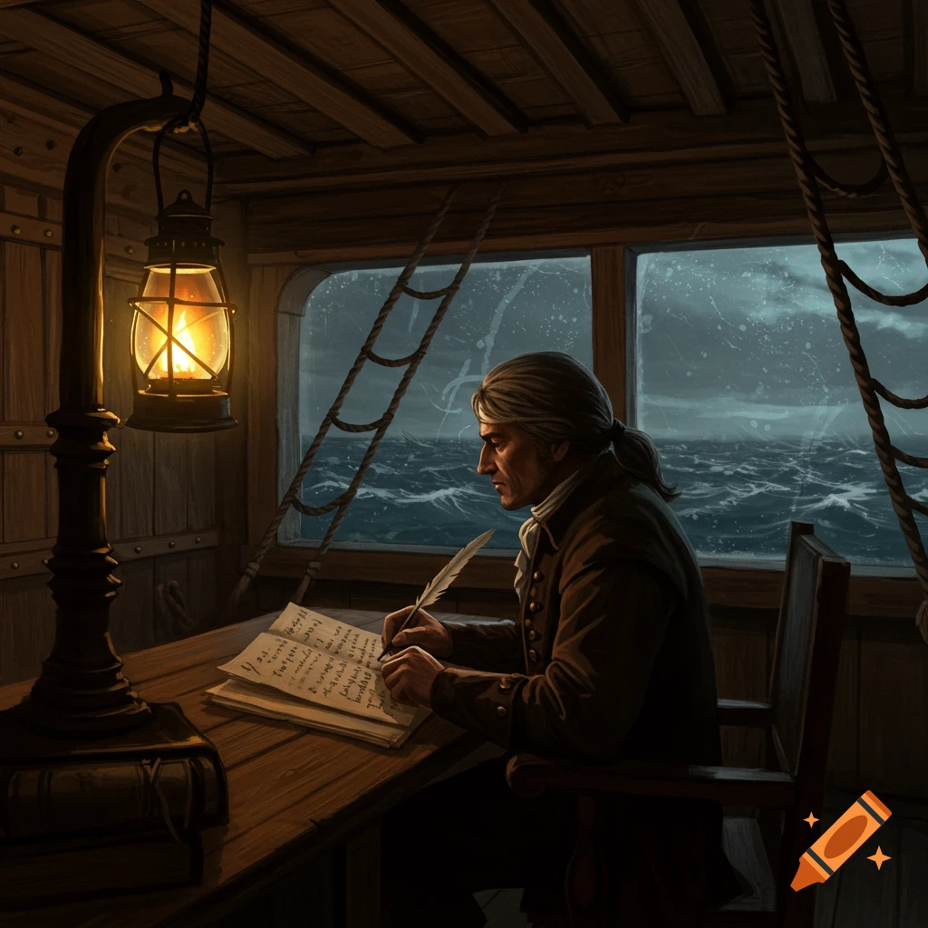 An illustrated man with a ponytail writes with a quill at a wooden desk on a ship, lit by a lantern, as a storm rages outside the window.
