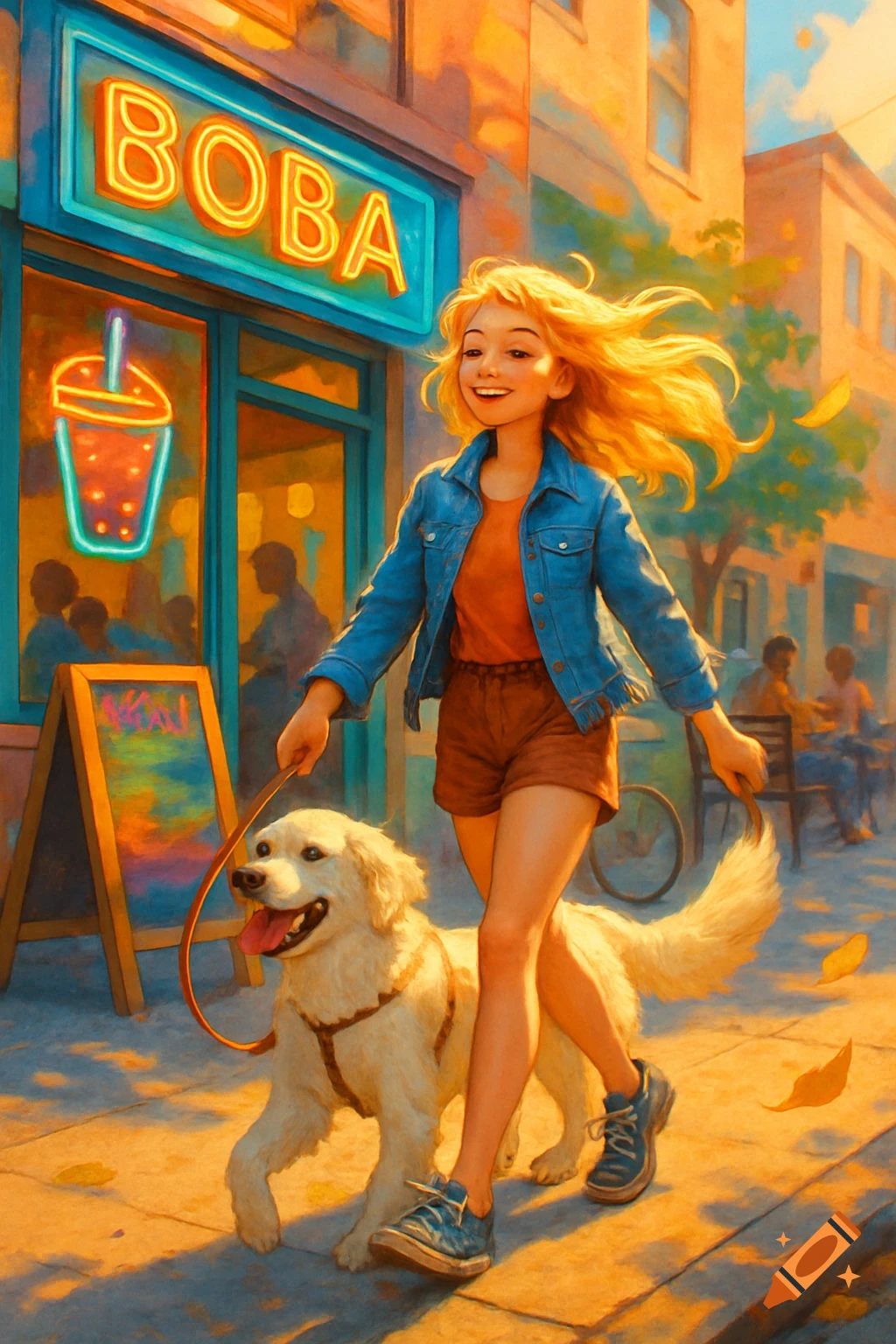 A vibrant illustration of a smiling blonde girl walking a white golden retriever past a boba shop with a neon 'BOBA' sign at sunset.