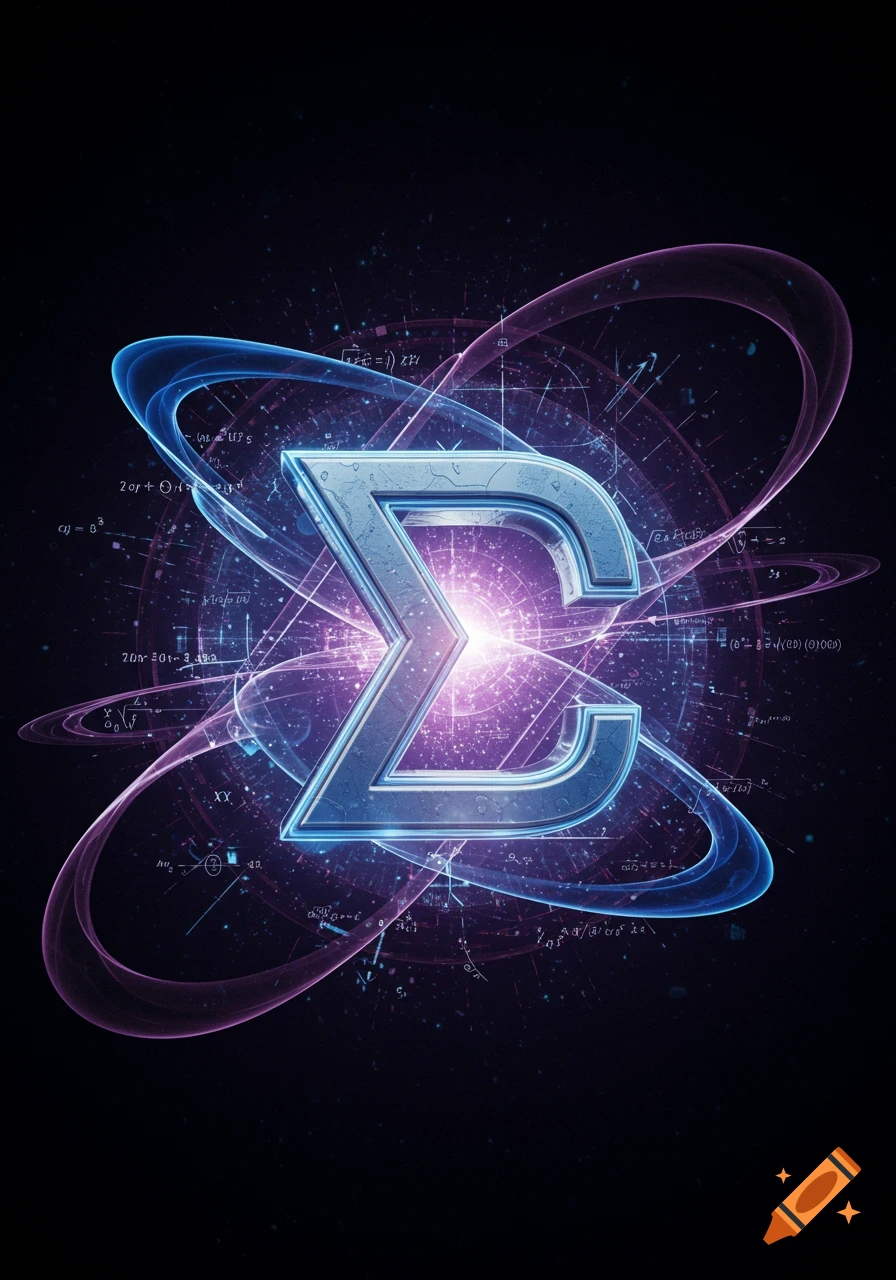 A glowing metallic sigma symbol stands out against a dark background filled with faint, swirling blue and purple light trails and blurry mathematical equations.