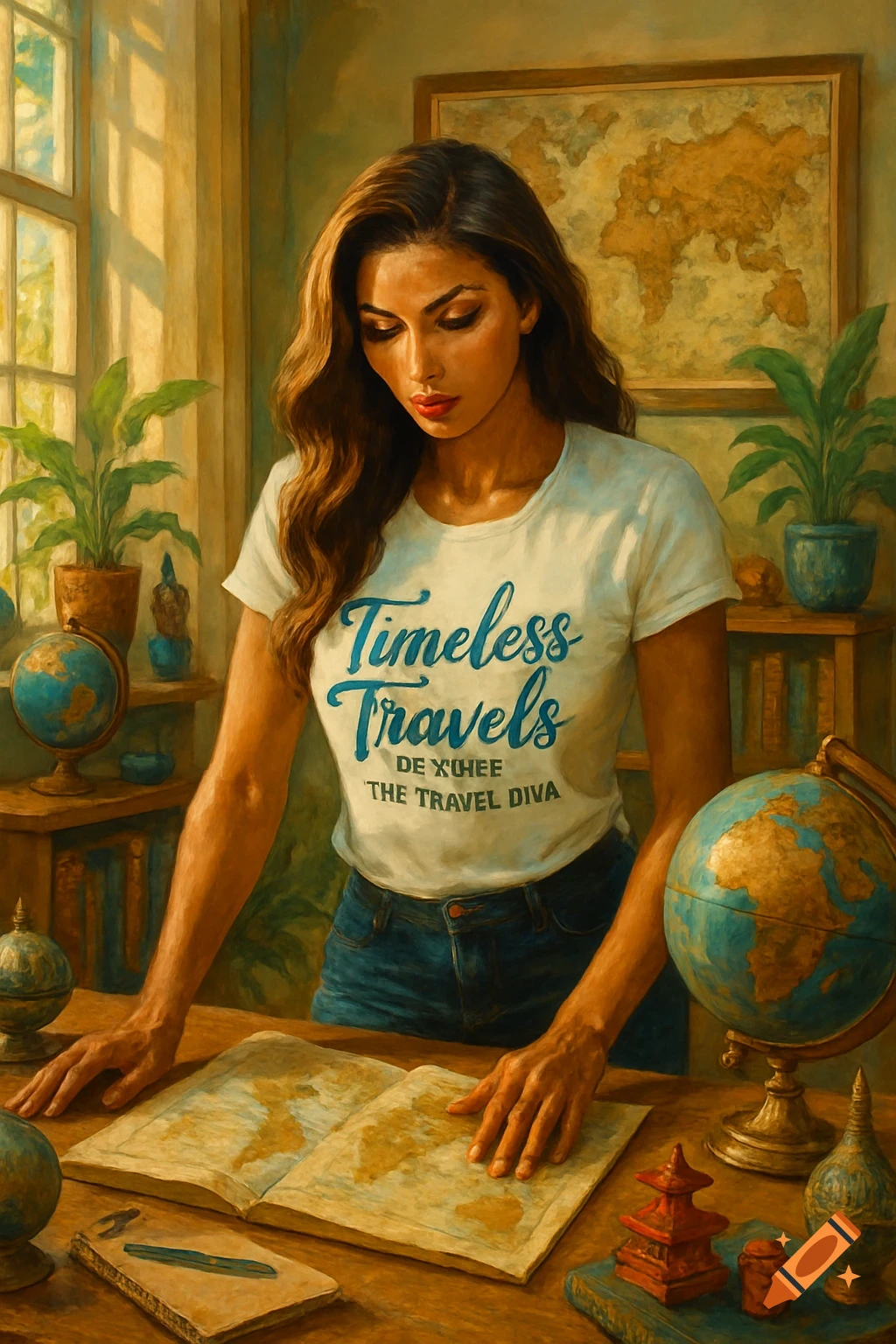 A woman with long brown hair wearing a 'Timeless Travels' t-shirt looks at a map on a wooden desk, surrounded by globes and plants, in a painterly style.