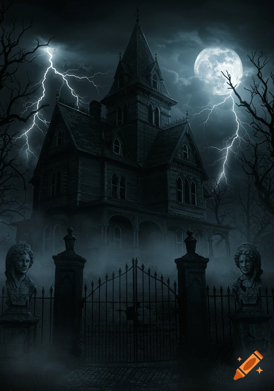 A spooky gothic haunted house at night with lightning, a full moon, and misty fog.