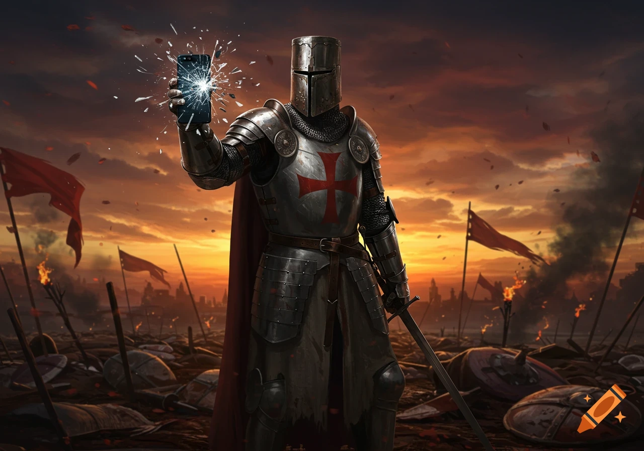 A crusader knight in full plate armor holds up a smartphone with a shattered screen on a smoky battlefield at sunset, surrounded by fallen flags and debris.