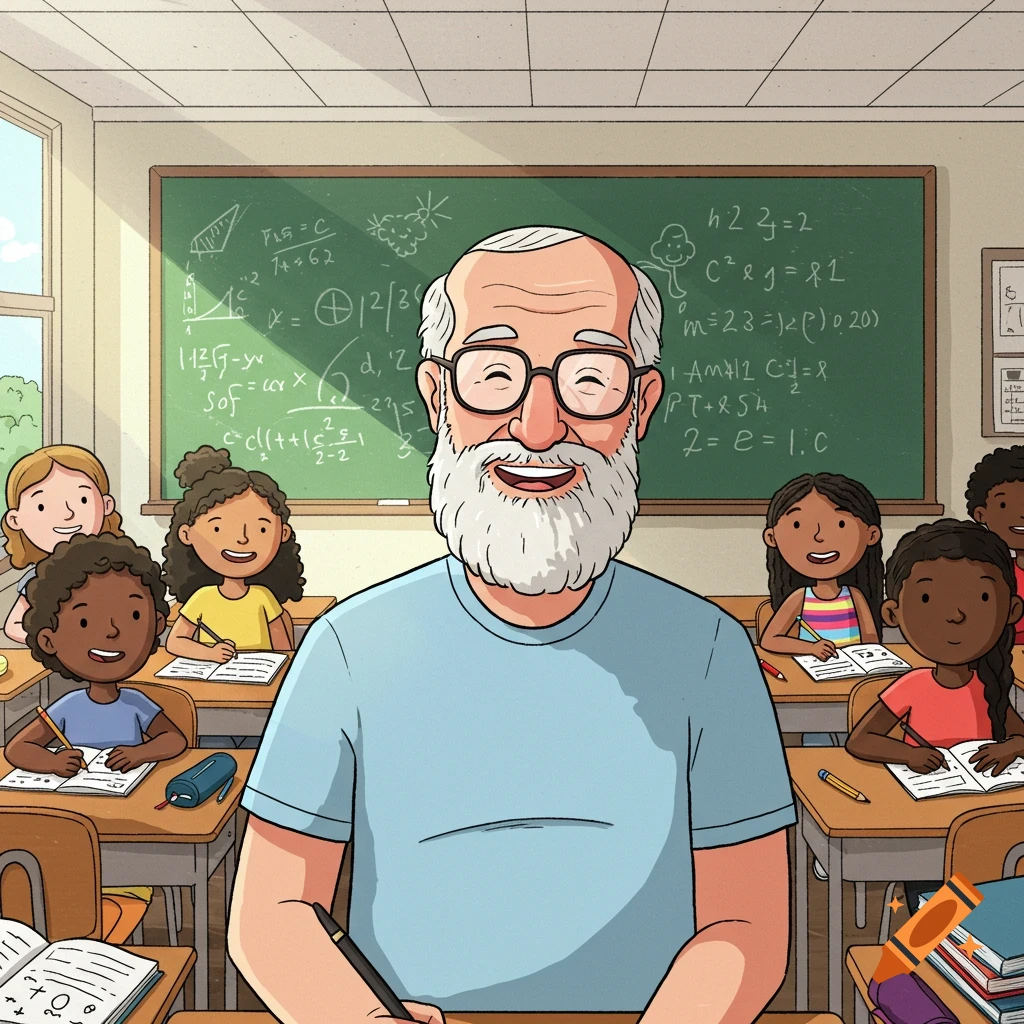 A cartoon male teacher with a white beard and glasses smiles in a classroom filled with diverse children at desks, with math equations on a blackboard.