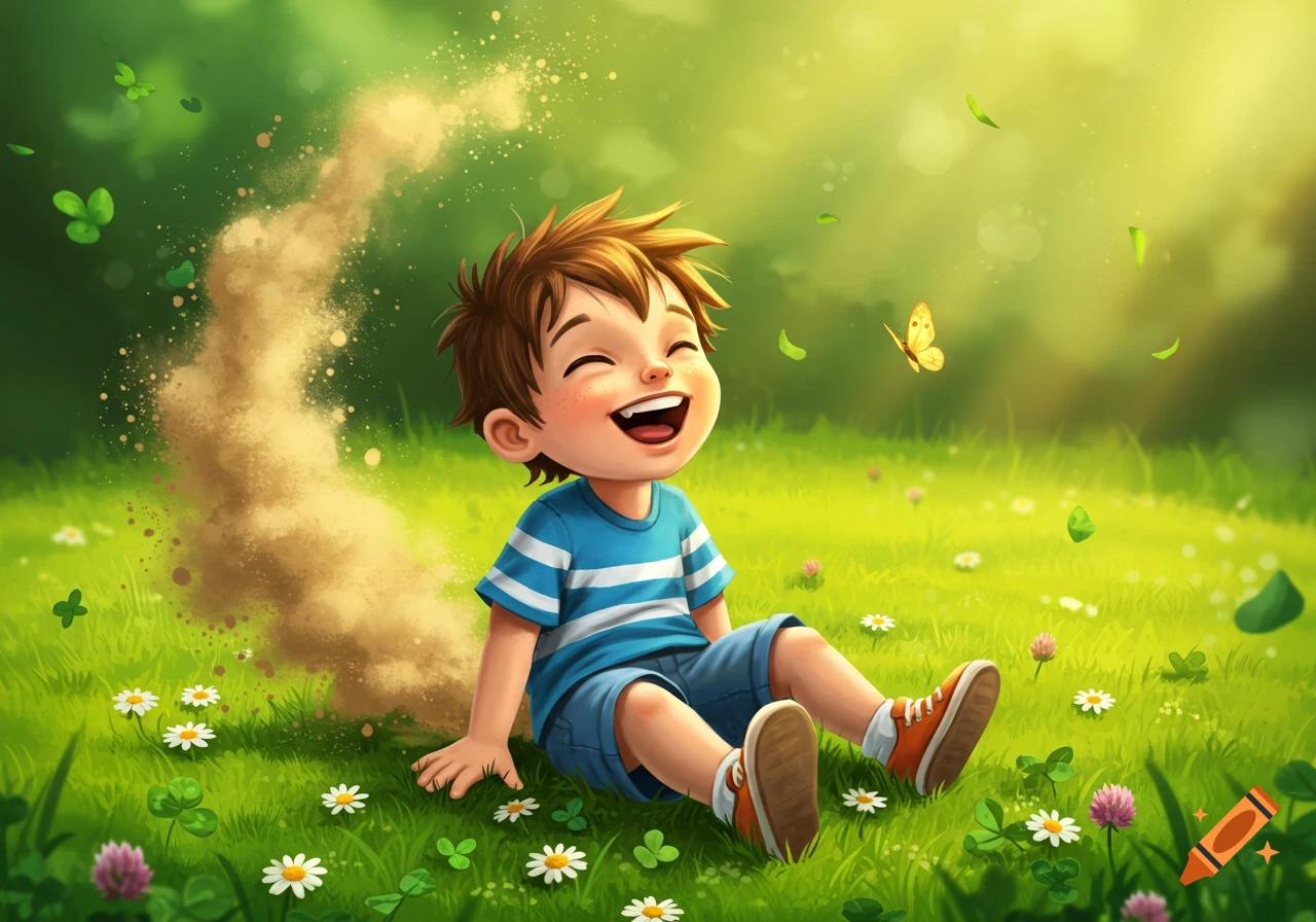 A happy cartoon boy sits laughing in a sunny green field with flowers and a butterfly, with a dust cloud rising behind him.