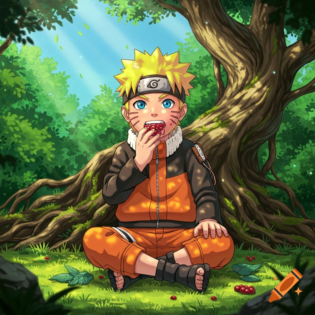 Naruto, with spiky blond hair and blue eyes, sits cross-legged in a forest, eating red berries. He wears an orange and black ninja outfit and a headband. Green leaves and tree roots are visible around him.