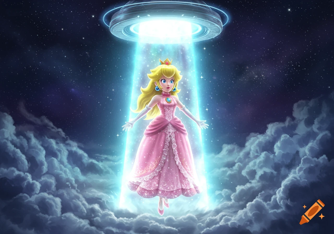 Princess Peach is lifted by a glowing blue tractor beam from a UFO, set against a dark starry sky with clouds.