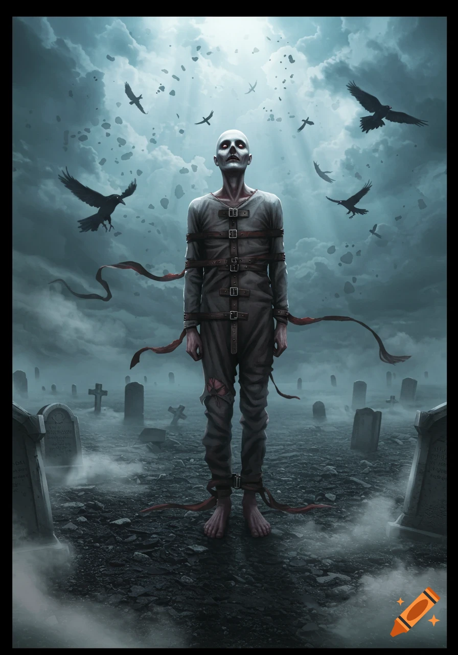 A pale, gaunt figure in a straitjacket stands in a foggy graveyard under a cloudy sky with crows flying around.