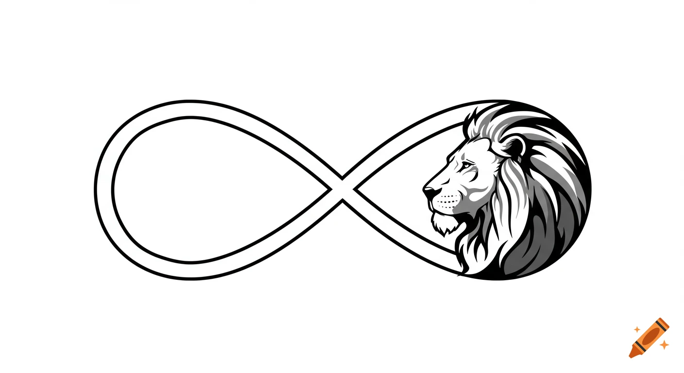 Black and white line art of an infinity symbol with a lion's head profile on the right.