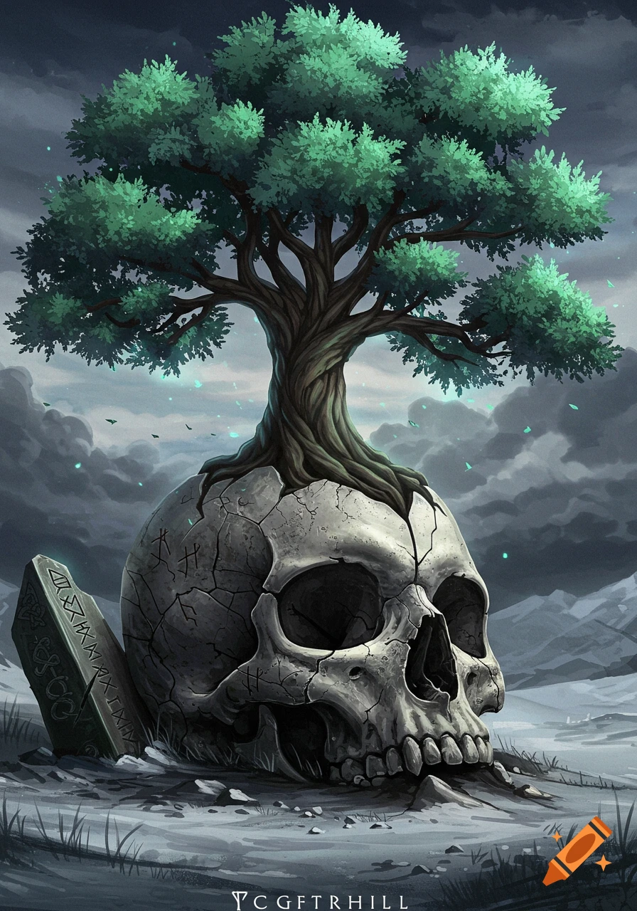 An ancient, cracked human skull with a vibrant green tree growing from its top, set in a desolate, cloudy landscape with an engraved runestone nearby.