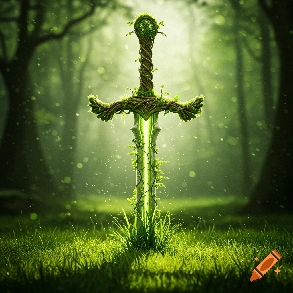 A glowing, grass-themed sword stands upright in a lush green forest, with light particles floating in the air.