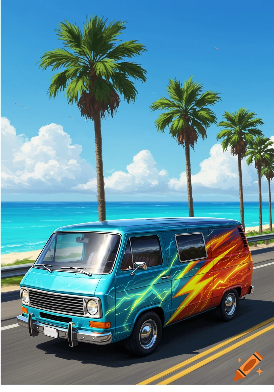A colorful van with lightning designs drives on a coastal road lined with palm trees and a bright blue ocean.