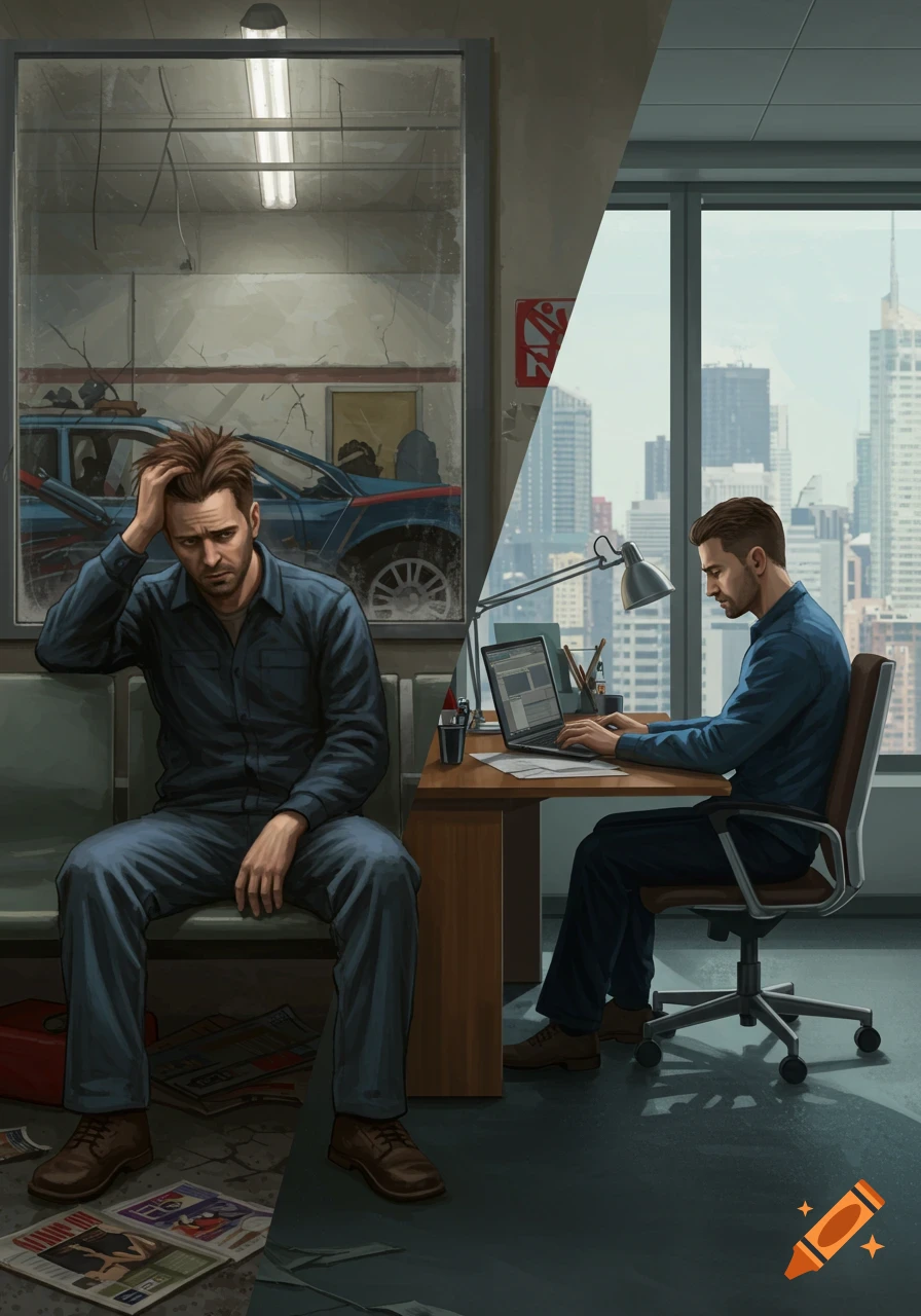 An illustration split into two panels: a man looking frustrated in a messy auto repair waiting room, and the same man working diligently at a desk in a modern office with a city view.